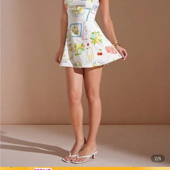 SHEIN White Lemon Print Square Neck Mini Dress - Picture 2 of 4